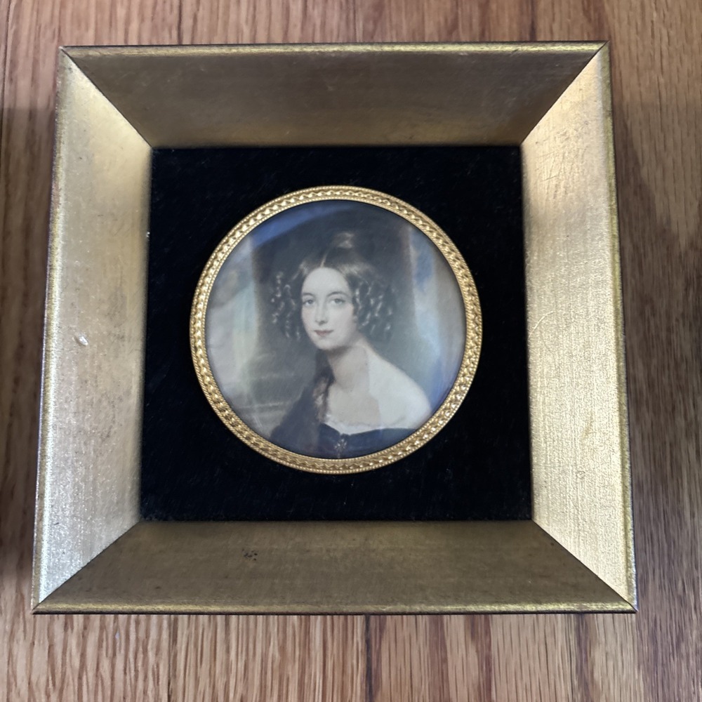 Antique Hand Painted Porcelain Cameo Mounted on Velvet Framed Oval Gilt Edges